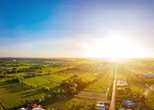 Rising Sun Prints: Aerial view of landscape countryside with beautiful sunrise background