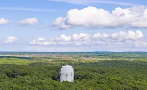 Vast Landscape Prints: Aerial view of a large white water tower in Sag Harbor, NY