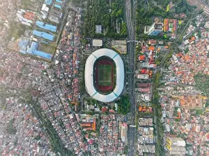 Aerial View of The largest stadium of Bekasi from drone and noise cloud. Bekasi, Indonesia, August 1, 2022