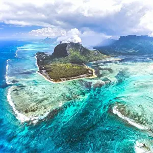 Maurice Prints: Aerial view of Le Morne Brabant and the Underwater Waterfall optical illusion and natural phenomena
