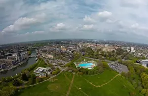 An aerial view of the Lido Outdoor Swimming Pool in Peterborough, Cambridgeshire, UK