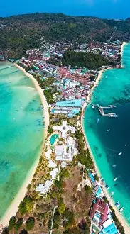 Phi Phi Island Prints: Aerial view of Loh Dalum and tonsai beach in koh Phi Phi islands, Krabi, Thailand