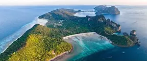 Phi Phi Islands Prints: Aerial view of Loh Lana Bay at sunset in koh Phi Phi islands, Krabi, Thailand