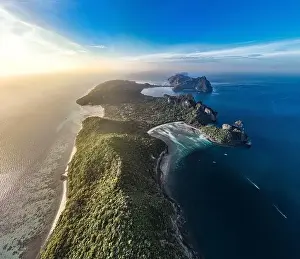 Phi Phi Islands Prints: Aerial view of Loh Lana Bay at sunset in koh Phi Phi islands, Krabi, Thailand