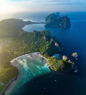 Aerial view of Loh Lana Bay at sunset in koh Phi Phi islands, Krabi, Thailand