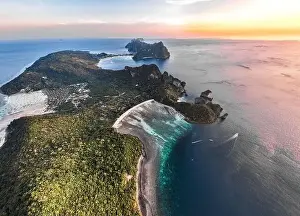 Phi Phi Islands Prints: Aerial view of Loh Lana Bay at sunset in koh Phi Phi islands, Krabi, Thailand