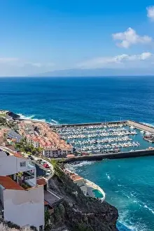 Motorboat Prints: Aerial view of Los Gigantes marina with yachts and boats in Tenerife