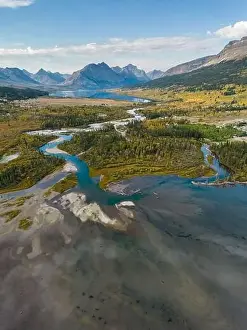 Wilderness Area Prints: Aerial view from Lower St Mary lake looking towards Glacier National Park in the fall