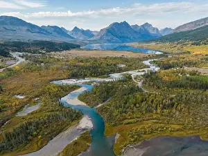 Wilderness Area Prints: Aerial view from Lower St Mary lake looking towards Glacier National Park in the fall
