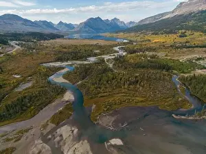 Wilderness Area Prints: Aerial view from Lower St Mary lake looking towards Glacier National Park in the fall