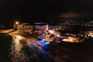 Lobby Prints: Aerial view of the luxury hotel at night by the sea