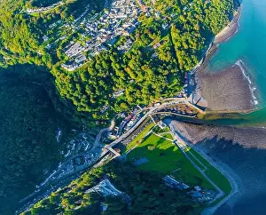 Aerial view of Lynmouth, a small village on the Exmoor coast in the North Devon district in the county of Devon, England