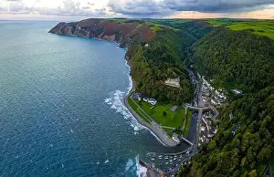 Aerial view of Lynmouth, a small village on the Exmoor coast in the North Devon district in the county of Devon, England
