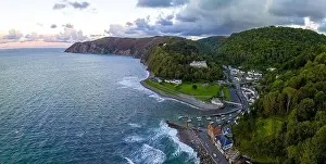 Lynmouth Prints: Aerial view of Lynmouth, a small village on the Exmoor coast in the North Devon district in the county of Devon