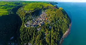 Valley Of The Rocks Prints: Aerial view of Lynton, a town on the Exmoor coast in the North Devon district in the county of Devon