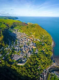 Valley Of The Rocks Prints: Aerial view of Lynton, a town on the Exmoor coast in the North Devon district in the county of Devon