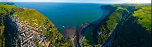 Aerial view of Lynton, a town on the Exmoor coast in the North Devon district in the county of Devon, England