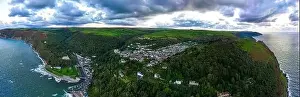 Valley Of The Rocks Prints: Aerial view of Lynton, a town on the Exmoor coast in the North Devon district in the county of Devon