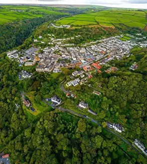 Valley Of The Rocks Prints: Aerial view of Lynton, a town on the Exmoor coast in the North Devon district in the county of Devon