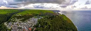 Valley Of The Rocks Prints: Aerial view of Lynton, a town on the Exmoor coast in the North Devon district in the county of Devon
