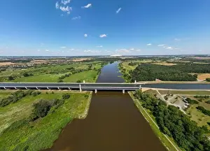 An aerial view of the Magdeburg Water Bridge spanning the River Elbe near Wolmirstedt, Germany