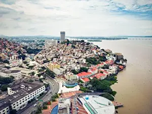 Malecon Prints: Aerial view of Malecon Simon Bolivar and Cerro Santa Ana in Guayaquil