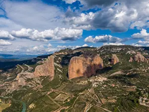 Boulders Prints: Aerial view of the Mallos de Riglos, a set of conglomerate rock formations in Spain