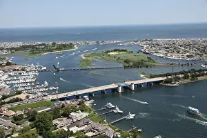 Boating Prints: Aerial view of Manasquan River and Manasquan Inlet near Point Pleasant Beach, New Jersey