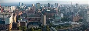 Beetham Tower Prints: Aerial view of Manchester cityscape with skyscrapers and construction sites