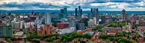 Beetham Tower Prints: Aerial view of Manchester cityscape with skyscrapers and construction sites