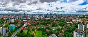 Beetham Tower Prints: Aerial view of Manchester cityscape with skyscrapers and construction sites