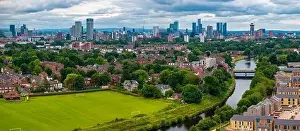 Beetham Tower Prints: Aerial view of Manchester cityscape with skyscrapers and construction sites