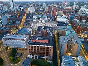 Beetham Tower Prints: Aerial view of Manchester cityscape with skyscrapers and construction sites