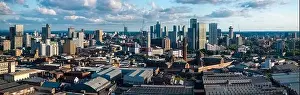 Beetham Tower Prints: Aerial view of Manchester cityscape with skyscrapers and construction sites