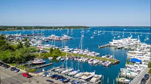 Shelter Island Prints: aerial view of the marina full of boats on Bay Street in Sag Harbor, NY
