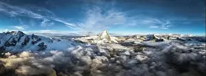 Aerial view of Matterhorn mountain peak in a sea of clouds at dawn, Zermatt, canton of Valais, Switzerland, Europe