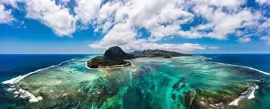 Aerial view of Mauritius island panorama and famous Le Morne Brabant mountain