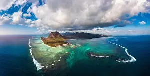 Aerial view of Mauritius island panorama and famous Le Morne Brabant mountain
