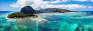 Tropical Climate Prints: Aerial view of Mauritius island panorama and famous Le Morne Brabant mountain