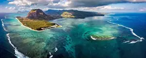 Tropical Climate Prints: Aerial view of Mauritius island panorama and famous Le Morne Brabant mountain