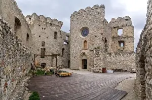 Renovated Prints: Aerial view of medieval Beckov castle with inner and outer courtyard