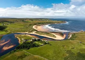 Beaches Prints: Aerial view of Melvich Bay and Halladale River on North Coast 500 in Scotland, UK