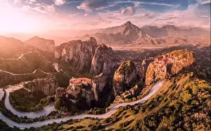 Landmark Mountain Prints: Aerial view of Meteoron monastery near Kalambaka town in Greece