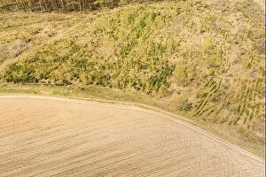 Aerial Landscape Collection: Aerial View Of Minimalistic Rural Landscape. Bird's-eye View Of Deforestation