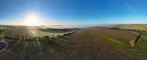 Rural England Prints: An aerial view on a misty autumn morning over Cranborne Chase AONB in Wiltshire, UK