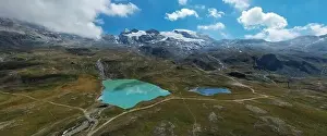 Aerial view of Mont Breithorn, Monte Rosa massif and Goillet lake from Plan Maison, Cervinia, Italy