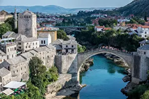 Bosnian Prints: Aerial view on Mostar Old Town and Stari Most (Old Bridge) with Tara Tower over Neretva river