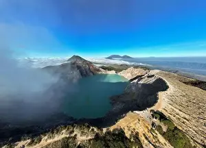 Aerial view of mount Kawah Ijen volcano crater at sunrise, East Java, Indonesia