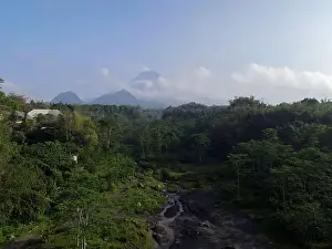 Jogja Prints: Aerial view of Mount Merapi Landscape with rice field and village in Yogyakarta