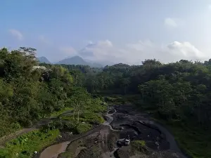Jogja Prints: Aerial view of Mount Merapi Landscape with rice field and village in Yogyakarta